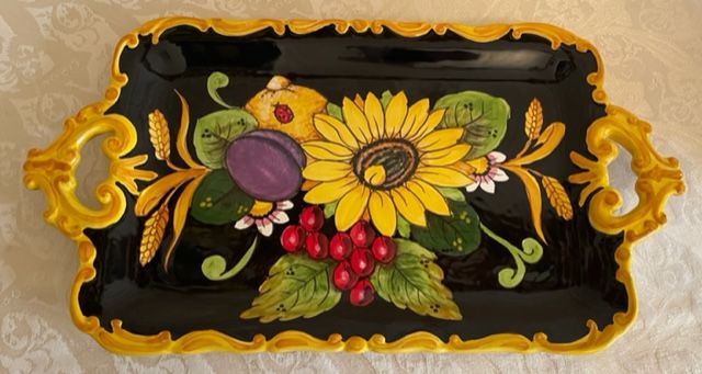 Vassoio Barocco con manici 45x25  Girasole&frutta fondo nero 