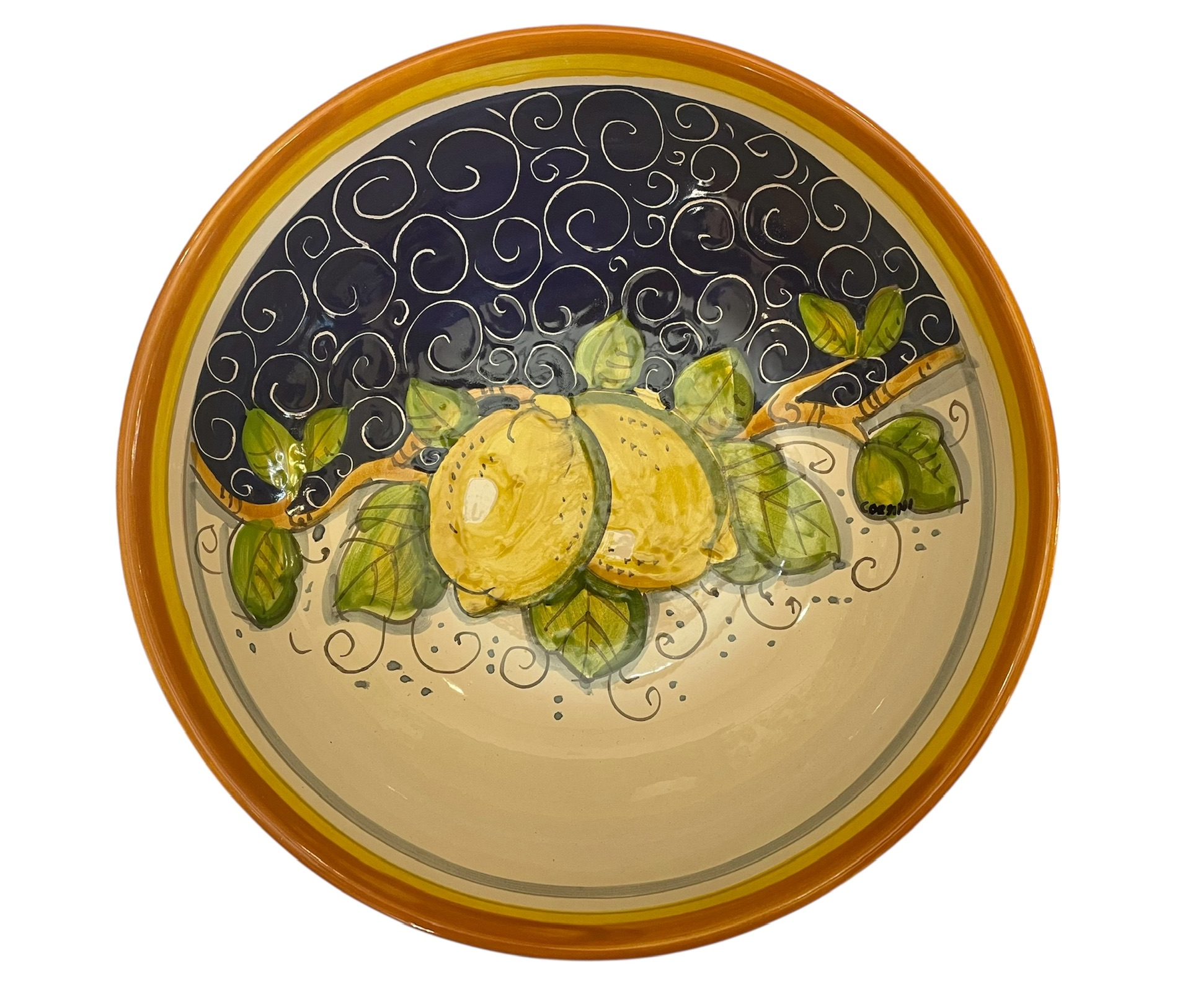 Bolo con limoni fondo blu&bianco bordo arancio D25