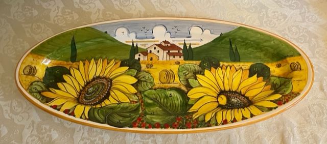 Vassoio ovale 50x20  paesaggio toscano e girasoli bordo arancio 