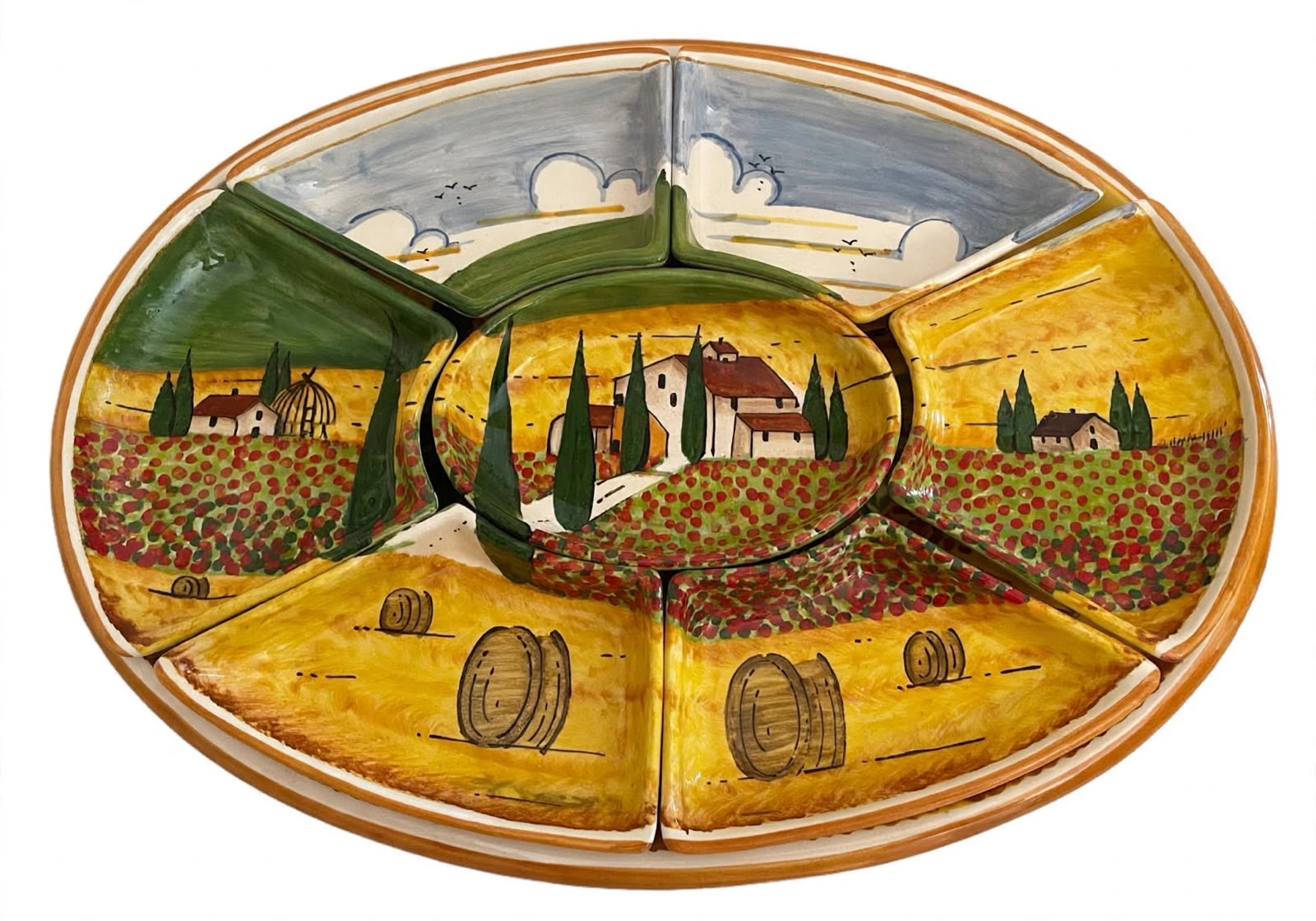 Antipastiera ovale con vaschette 8pz paesaggio strada bordo arancio 