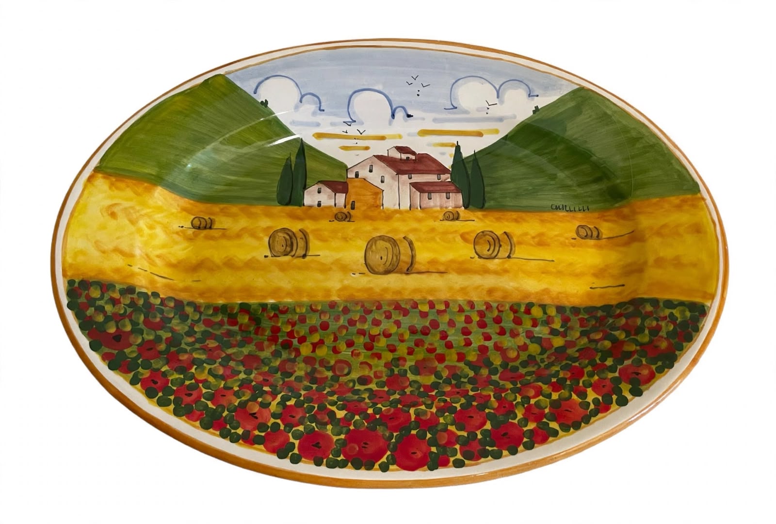 Vassoio ovale paesaggio toscano papaveri 