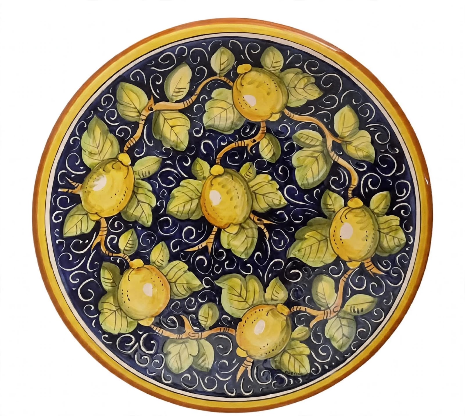 Plate lemons blue background orange border