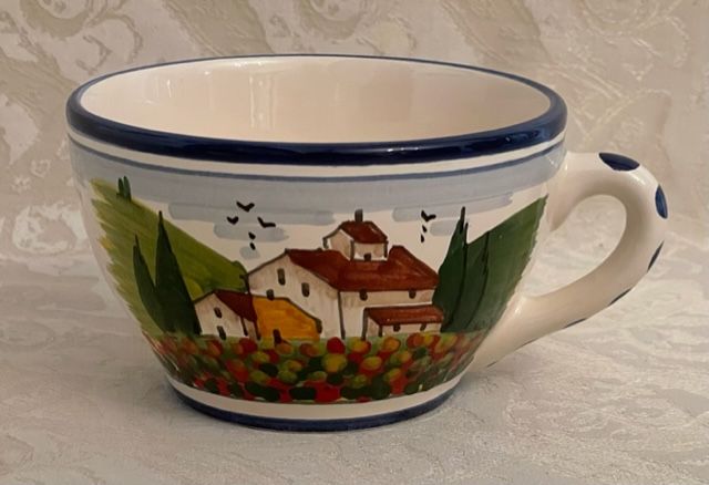 Tazza colazione D11,5 h7 paesaggio toscano papaveri bordo blu 