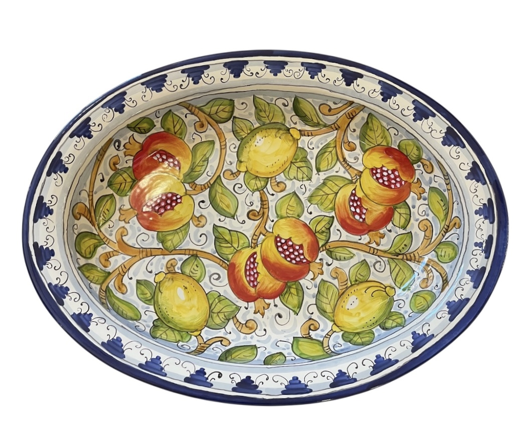Vassoio ovale 59x45xh8,5 Melograne&Limoni con Monticini bordo blu