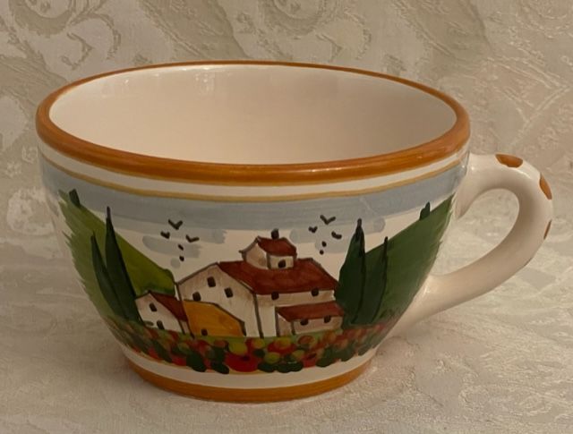 Tazza colazione paesaggio toscano papaveri bordo arancio 