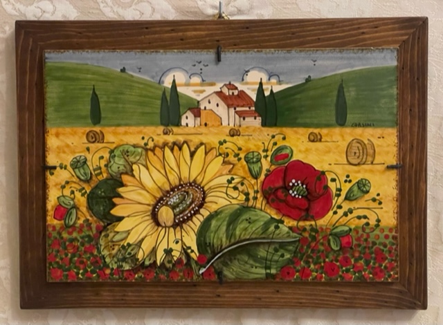 Quadro 35x25 paesaggio toscano girasole&papavero con cornice in legno noce 