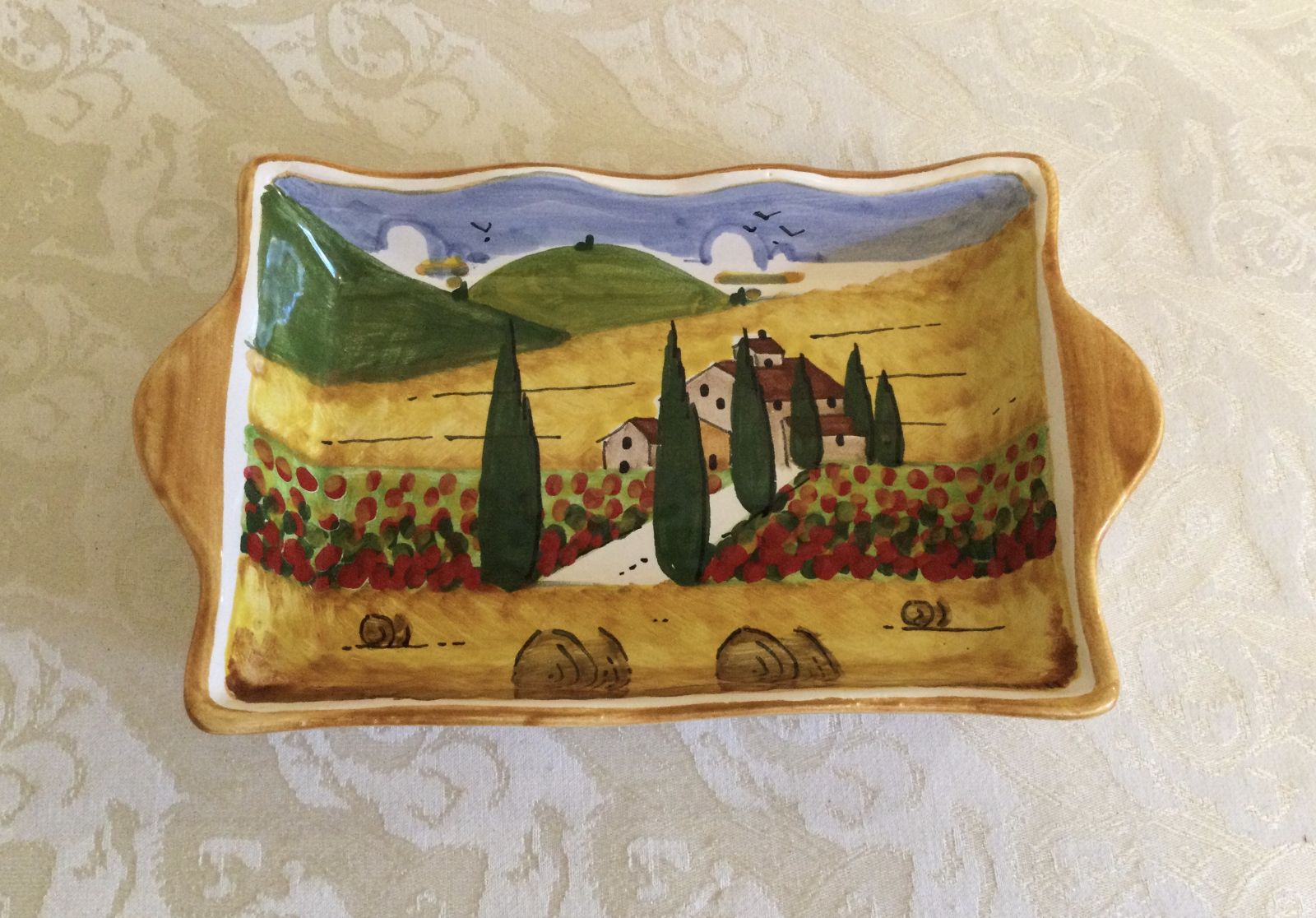 Pirofila rettangolare cm 21x12 paesaggio toscano strada bordo arancio 