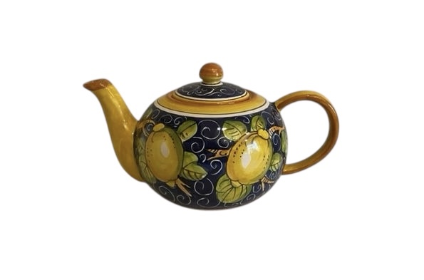 Teiera 4 tazze limoni fondo blu bordo arancio 