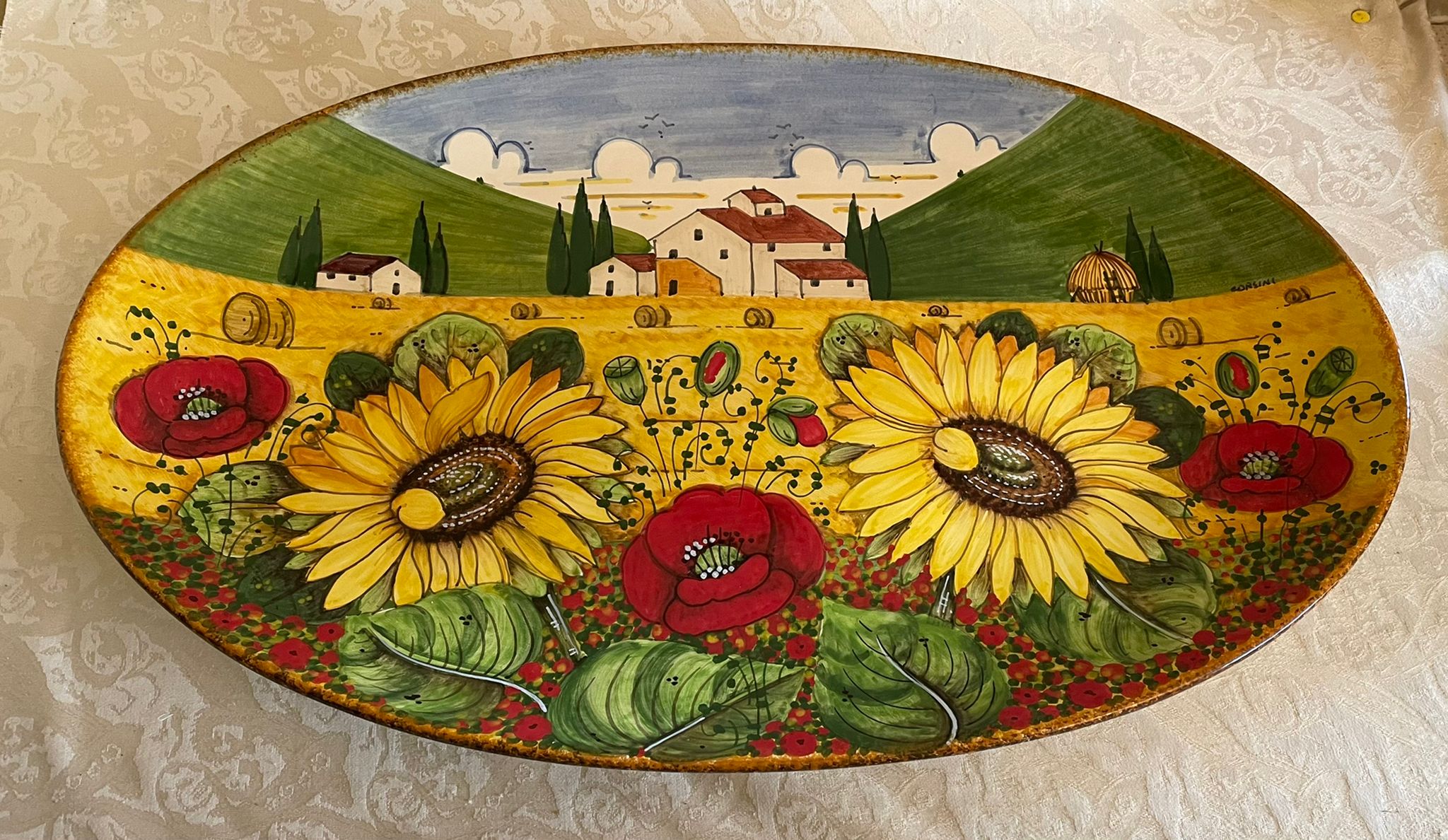 Vassoio ovale liscio paesaggio toscano girasoli&papaveri 