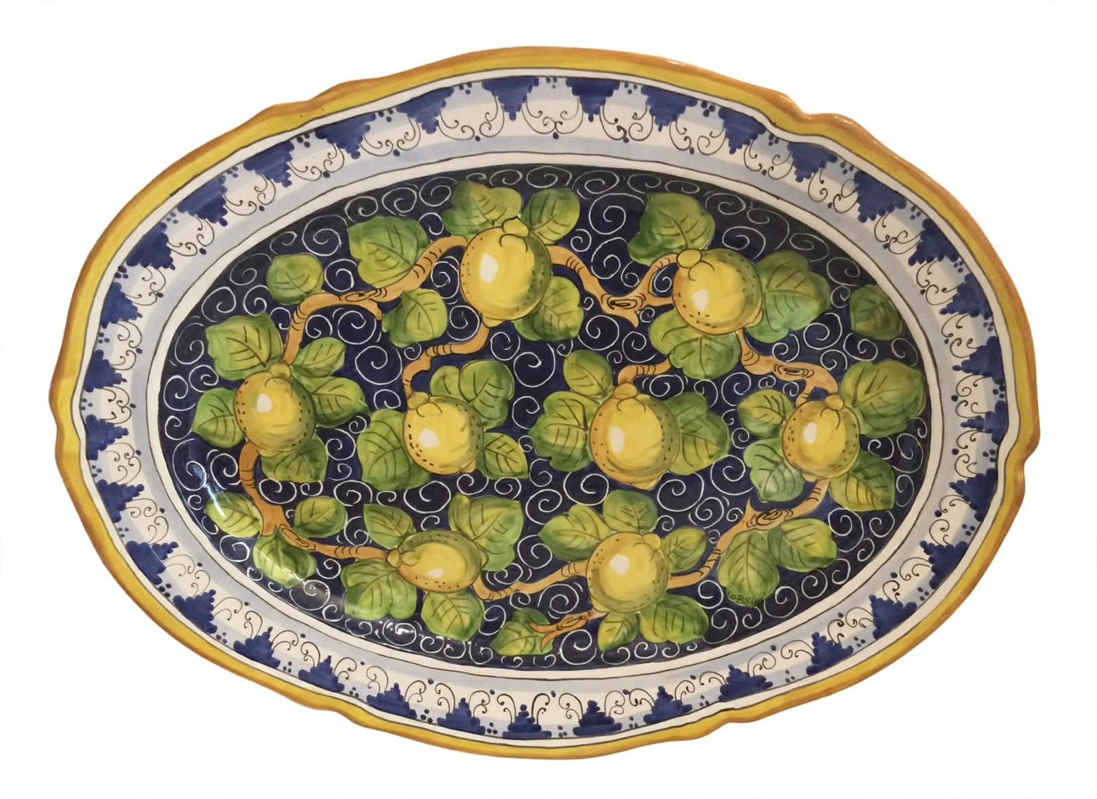 Piatto ovale smerlato cm 56x43  limoni fondo blu e Monticini 
