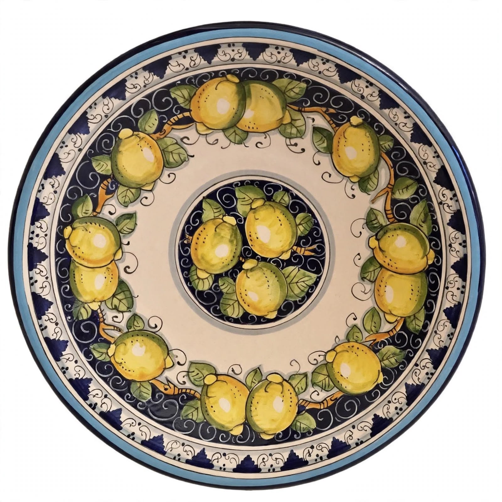 Piatto limoni a girare  fondo blu&bianco Monticini e bordo blu 