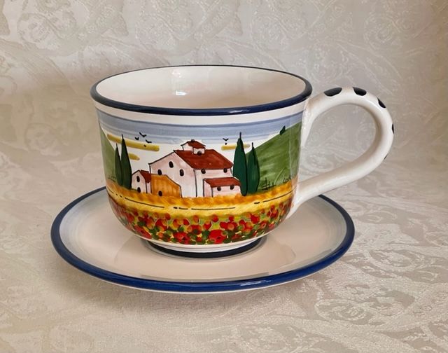 Tazza colazione con piatto cm 12xh8,5 paesaggio toscano papaveri bordo blu 