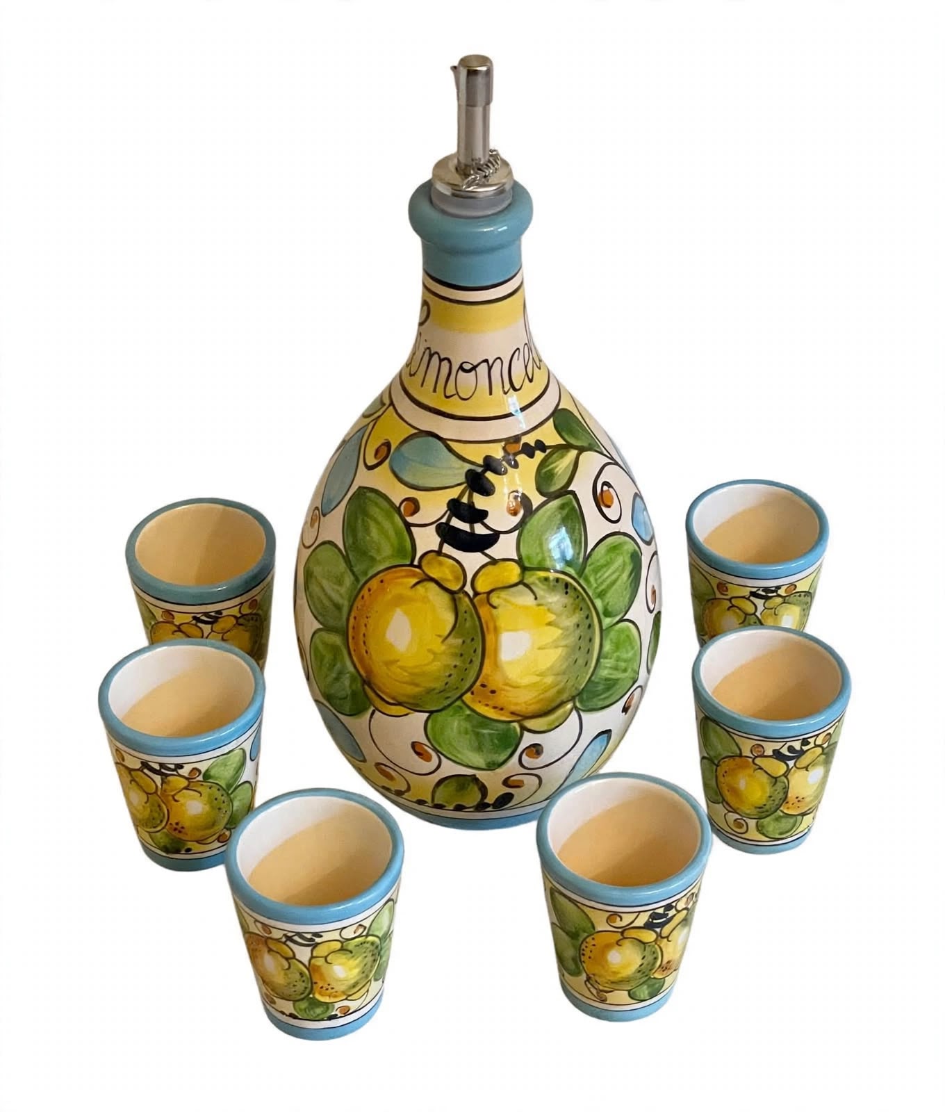 Set limoncello 7Pz l composto da una bottiglia h22 e da 6 bicchierini h6 limoni celesti 