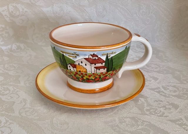 Tazza colazione con piatto cm 11xh8 paesaggio toscano papaveri bordo arancio 