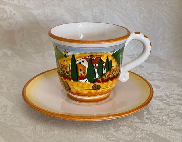 Tazza the con piatto paesaggio toscano strada bordo arancio cm 10h9 