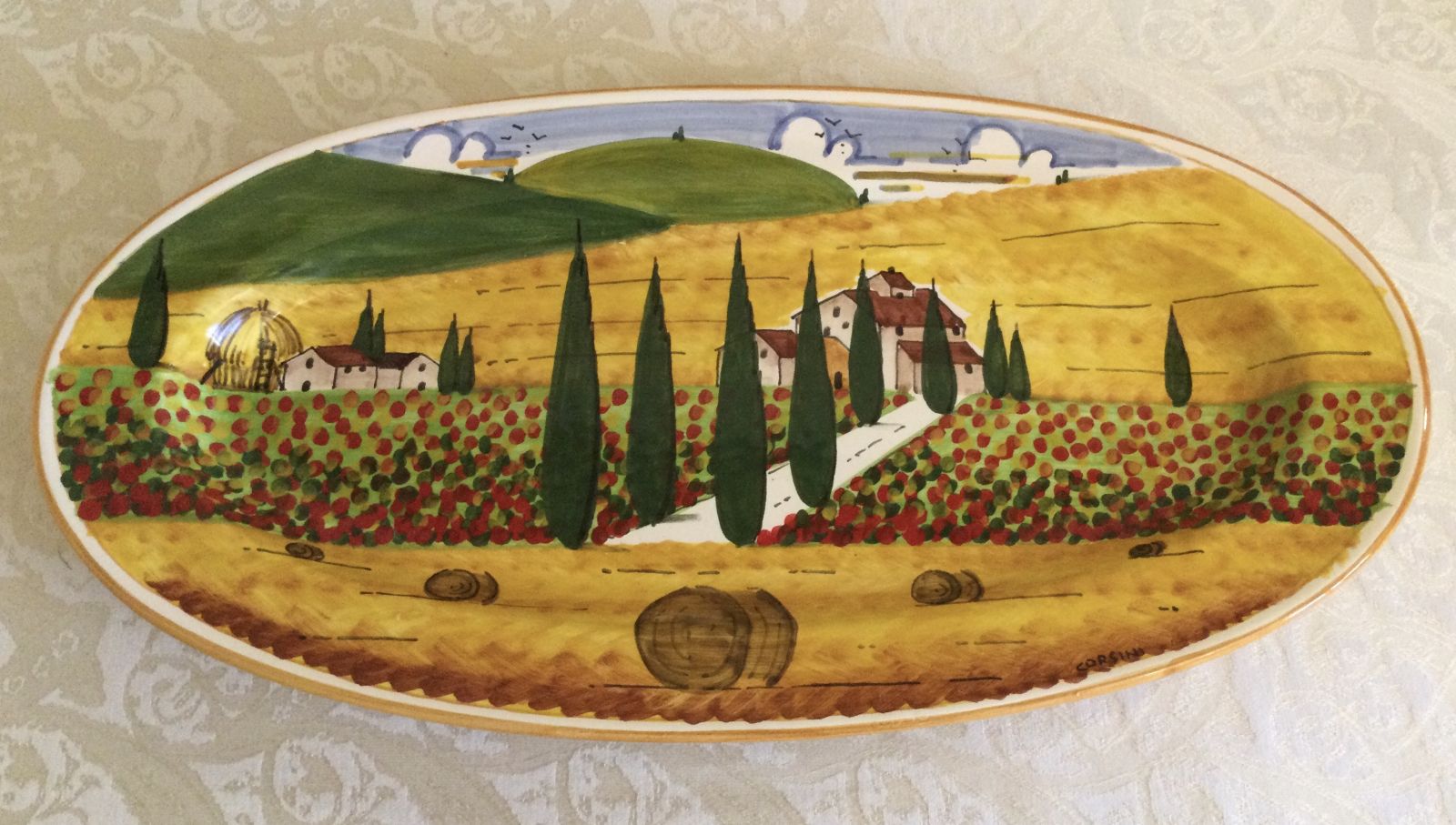 Vassoio ovale cm 41x21 paesaggio toscano strada bordo arancio 