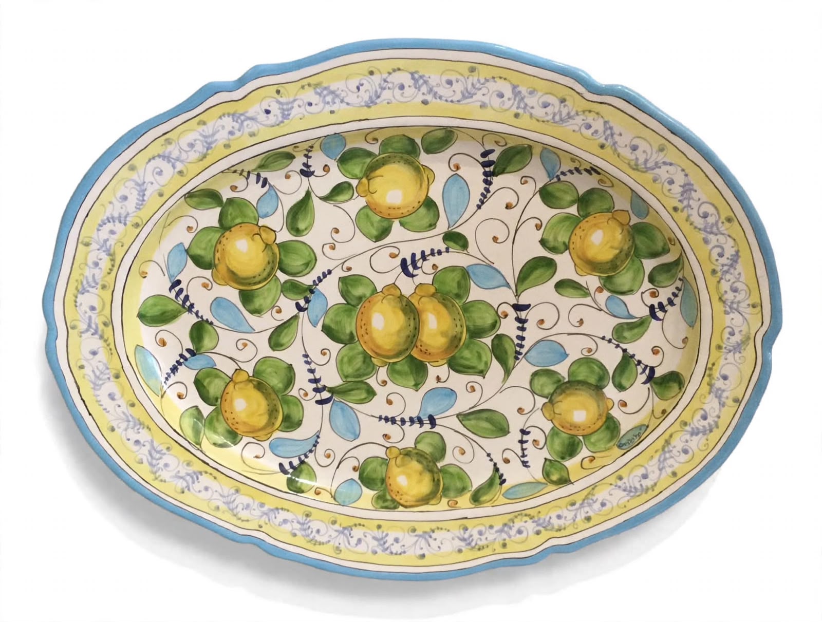 Piatto ovale smerlato limoni celesti e coroncina 56x43