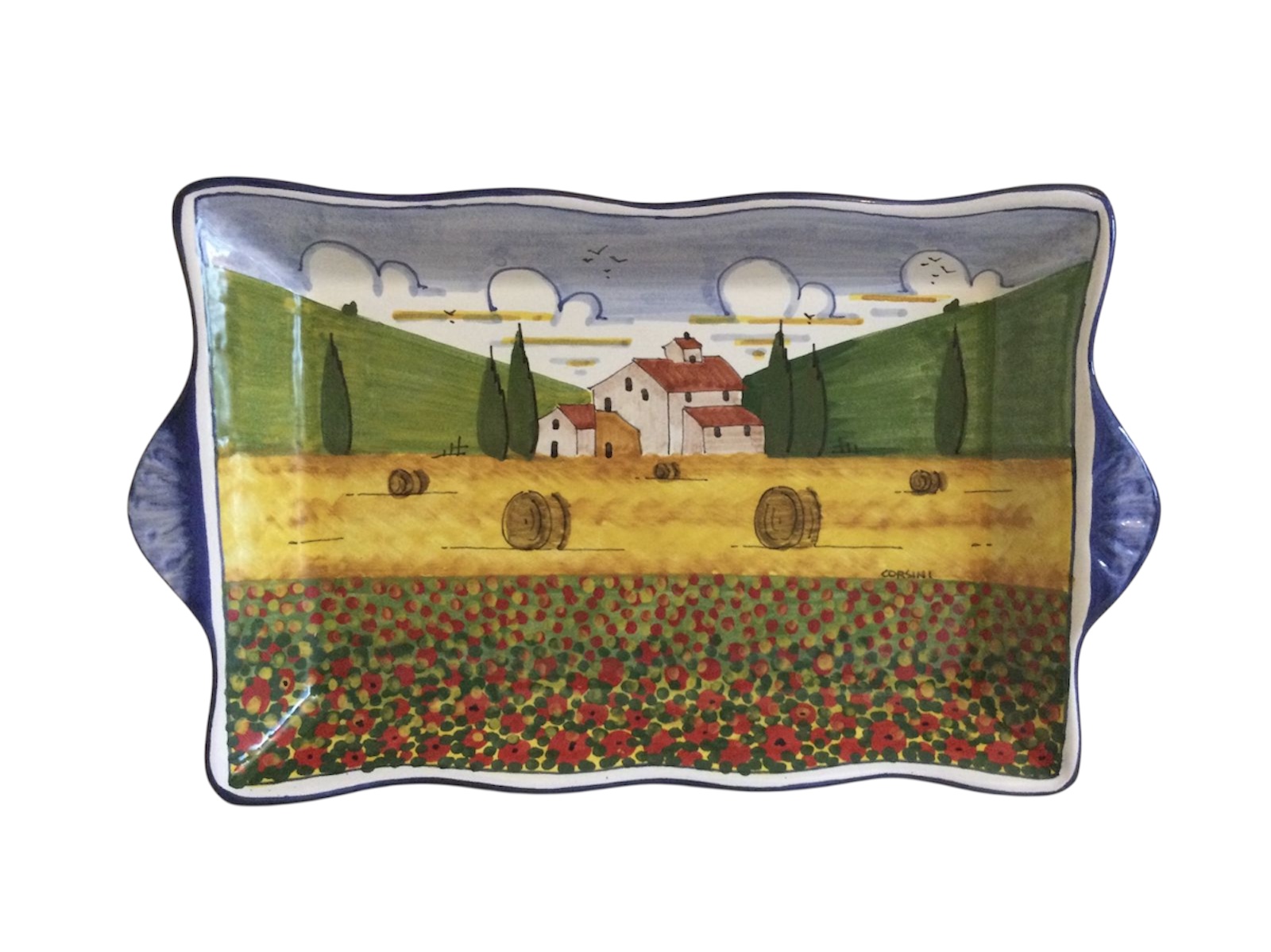 Vassoio rettangolare sim 21x12 paesaggio toscano papaveri bordo blu 
