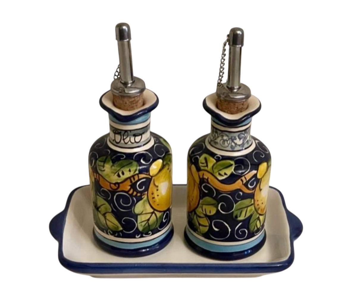 Set 3 Pz 2 ampolle con manico  limoni fondo blu bordo blu 1 vassoio rett 18x10 